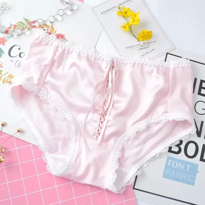 Style rétro taille moyenne Sexy à lacets femmes sous-vêtements nœud coton soie femme culotte solide pansement doux Lingerie Breifs