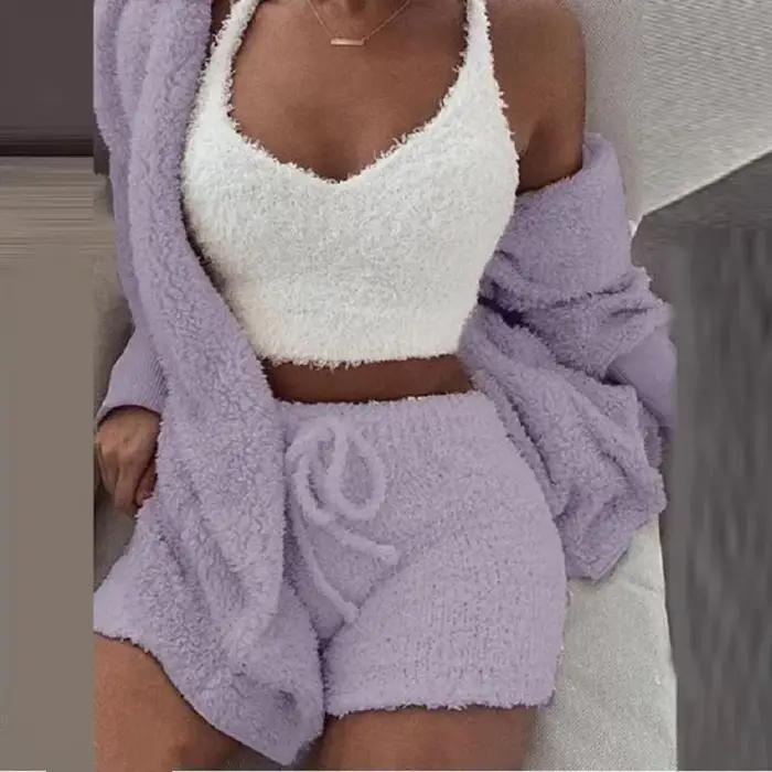Nouvel ensemble de pyjama en velours pour femme 2026 – Haut court sexy + short + veste – 3 pièces – Tenue décontractée