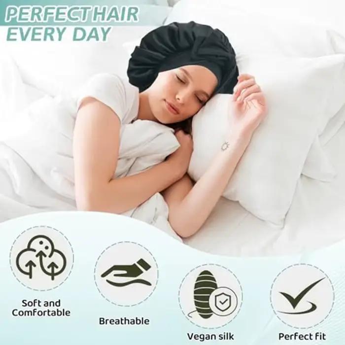 Bonnet de nuit en satin de soie pour femmes, bonnet de sommeil à large bord avec bande élastique, couleur unie, anti-frisottis