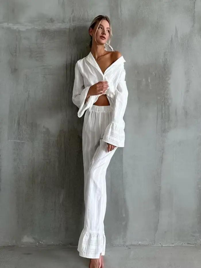 Ensemble de pyjama blanc pour femme 100 % coton