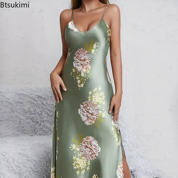 Nouveau 2026 femmes d'été élégant Sexy col en v imprimé fleuri soyeux confort lisse Slip chemises de nuit robes