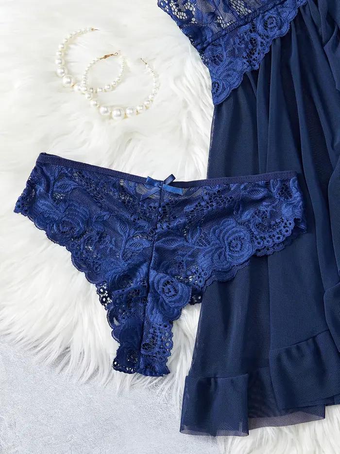 Chemise de nuit et culotte en dentelle transparente pour femmes