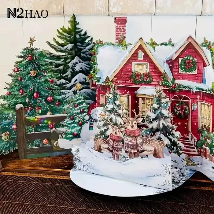 Carte de noël 3D, scène de nuit avant noël avec père noël, renne, Village enneigé, carte de vœux de vacances Festive