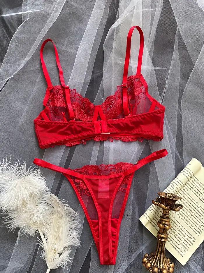 Rouge Sexy corps Lingerie femme dentelle sous-vêtements transparents fée broderie bref ensembles délicat soutien-gorge