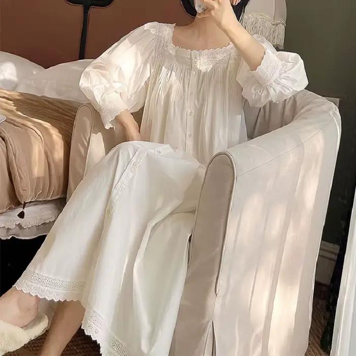 Vintage broderie coton longues chemises de nuit pour dame à manches