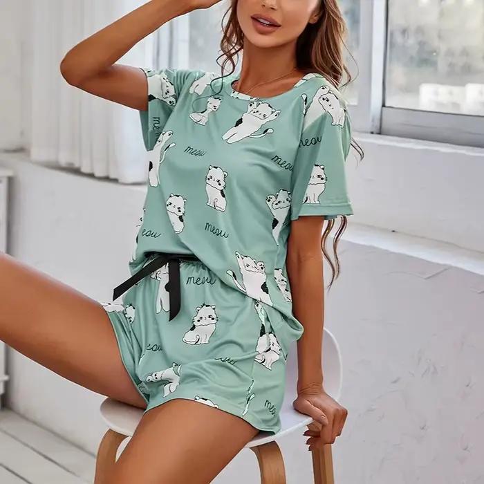 2026 Femmes décontracté mignon merdes en plein air avec Shorts Pyjamas ensembles à manches courtes vêtements de nuit 2
