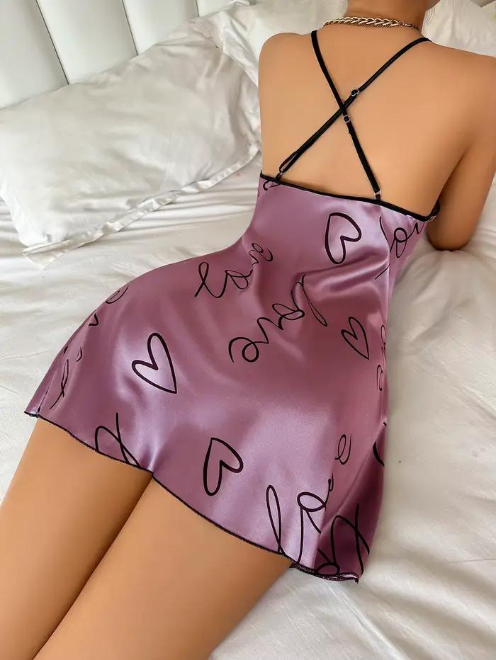 Coeur lettre impression chemise de nuit décontracté col rond Spaghetti sangle robe