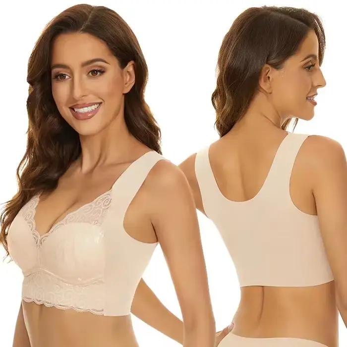Soutien-gorge féminin grande taille en élasthanne et nylon, tricoté sans couture, avec dentelle, trois quarts tasse, sans bretelles, pour femmes, occasions spéciales et quotidiennes