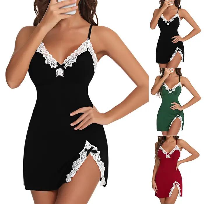 Vêtements de nuit sexy femmes dentelle soie Satin col en v chemise