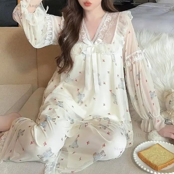 Nouveau doux maille pyjamas ensemble Sexy dentelle princesse Style vêtements de nuit décontracté imprimé