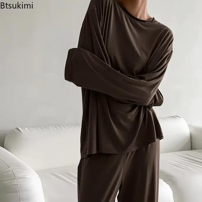 Nouveau 2026 marron ample femme vêtements de nuit costume col rond chemises