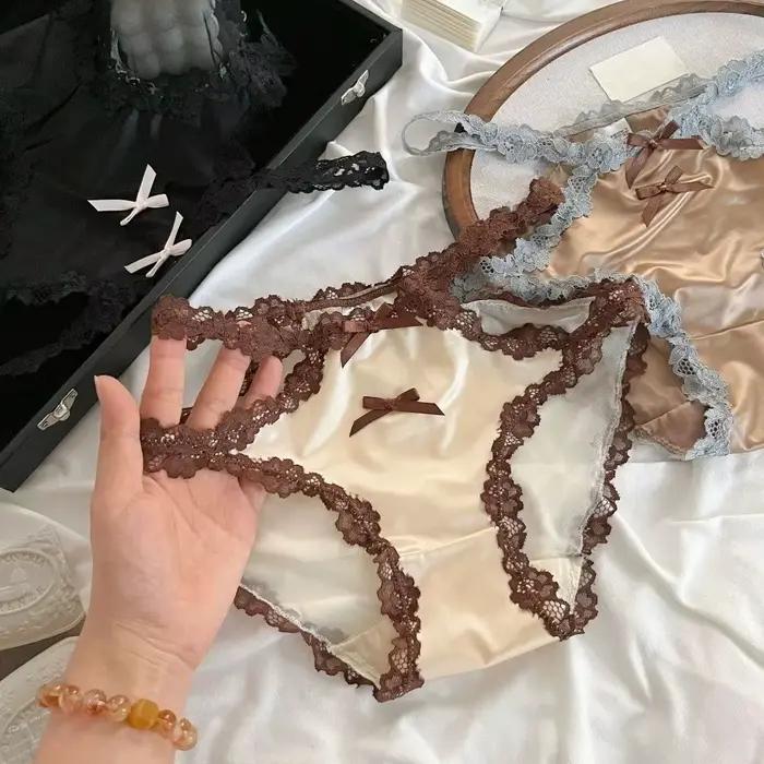 Culottes en dentelle à nœud transparentes en satin de soie, patchwork, sans couture, taille mi-haute, pour femme et jeune fille