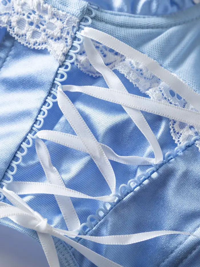 Ensemble de lingerie pour femme en satin jacquard avec dentelle, patchwork, volants et fermeture à nouer, avec armatures
