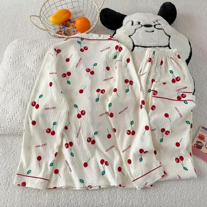 Ensemble pyjama imprimé cerise pour femmes, vêtements de détente à carreaux, manches longues, Cardigan, haut et pantalon, vêtements de nuit pour la maison, automne et printemps