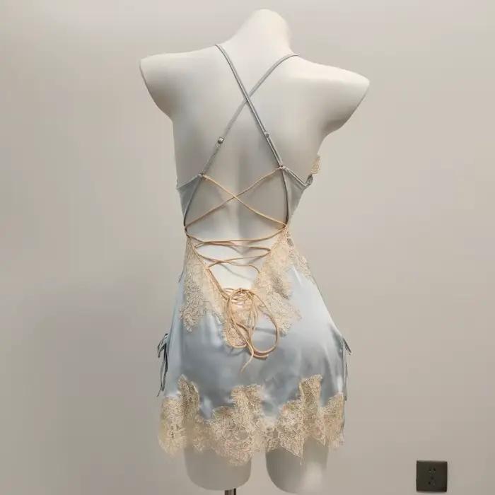 InjNightgScottsdale-Pyjama sexy en dentelle, chemise de nuit en V profond, petite poitrine creuse, robe de pyjama à licou, vêtements de maison, pur désir, haute qualité