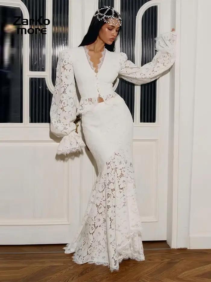 Ensemble 2 pièces jupe et chemise en dentelle pour femme, haut court à manches longues bouffantes et col en V, jupe longue sirène, tenue de soirée élégante, nouveauté 2026