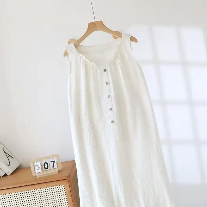 Chemise de nuit en gaze de coton respirante pour femme, robe de nuit blanche sans manches, détail perles en bois et ourlet à volants, tenue d'intérieur douce