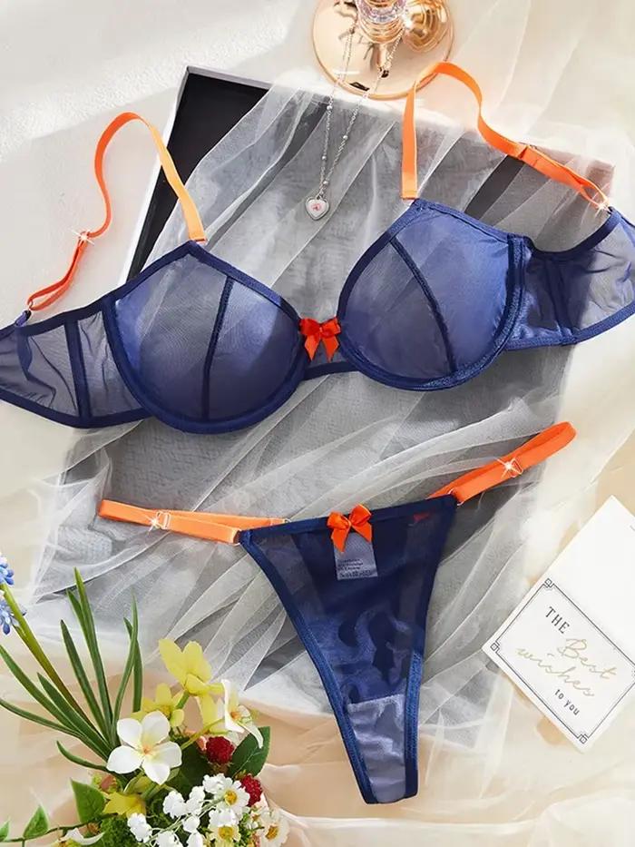 Ensemble de lingerie féminine bleu marine à armatures et string orange à nœud pour femmes, lingerie sexy et contrastée, quotidienne et romantique