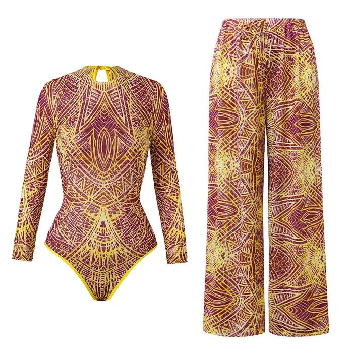 Maillot de bain en maille avec pantalons longs et robe de bain, manches longues, vêtements de plage en maille, Sexy, taille haute, vêtements de plage intelligents, nouvelle collection 2025