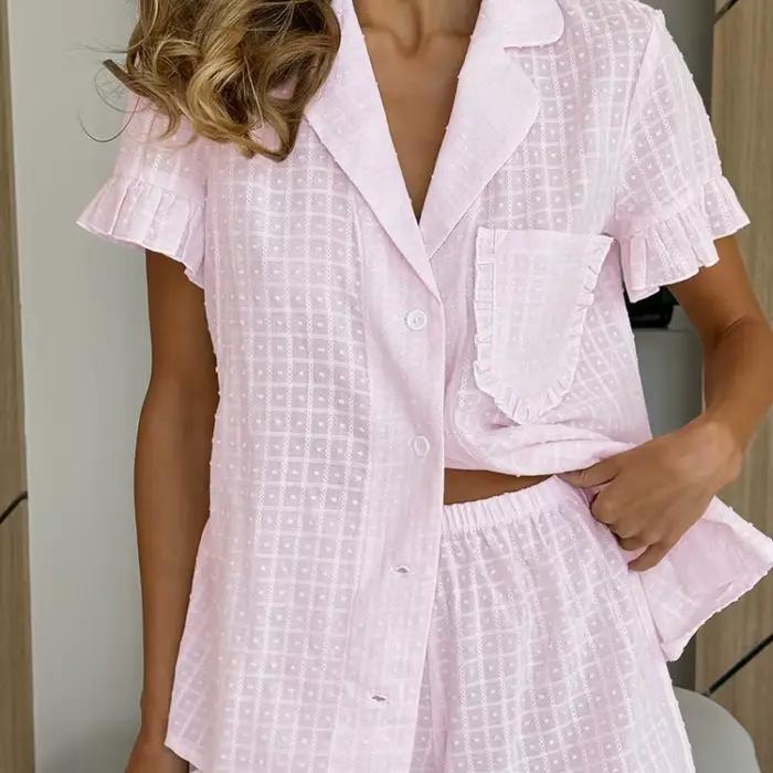 Ensemble pyjama deux pièces en coton jacquard à carreaux roses avec short à volants