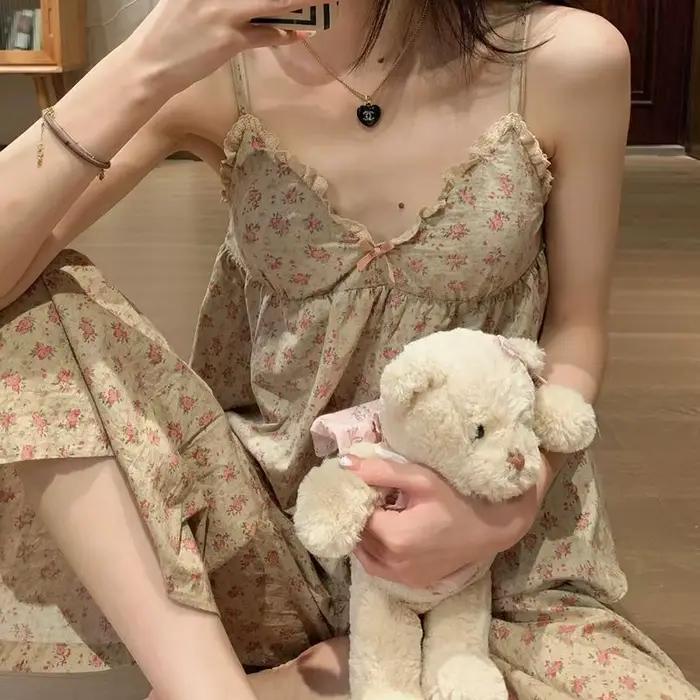 Nuisette florale à manches longues pour femmes, olympiques de surintendant, pyjamas d'été, vêtements de maison, chemise de nuit, pantalon Y +, 2 pièces