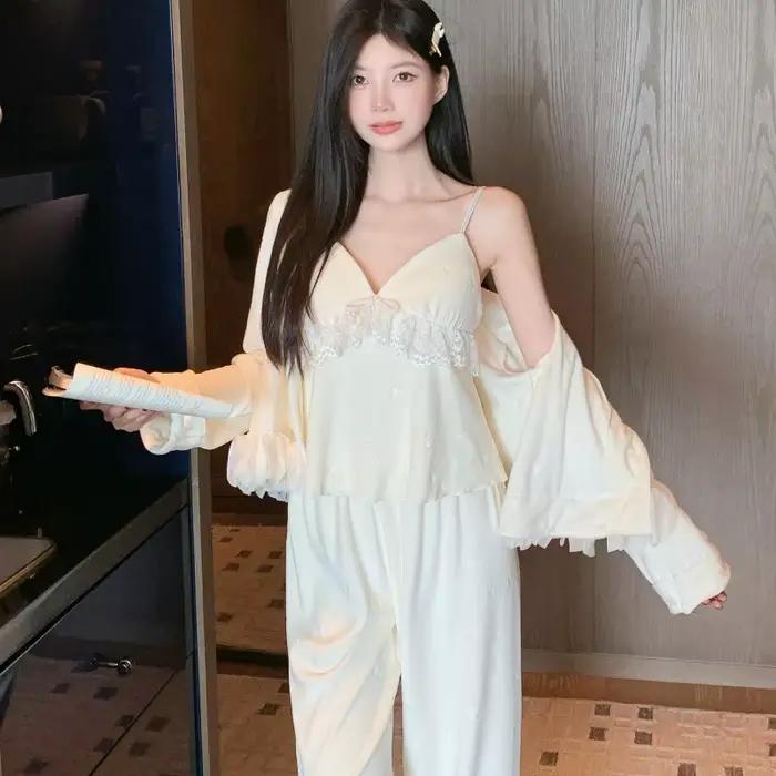 Island Velvet Women's Pajamas 3Pcs Set Loungewear Elegant Sexy Lace Trim Sleepwear Pijamas Suit Loose Casual Home Clothes Pyjama