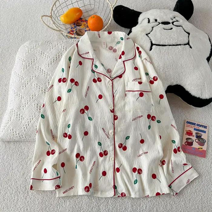 Ensemble pyjama imprimé cerise pour femmes, vêtements de détente à carreaux, manches longues, Cardigan, haut et pantalon, vêtements de nuit pour la maison, automne et printemps
