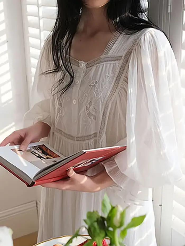 Femmes pur coton volants Vintage chemises de nuit Robe nuisette longue