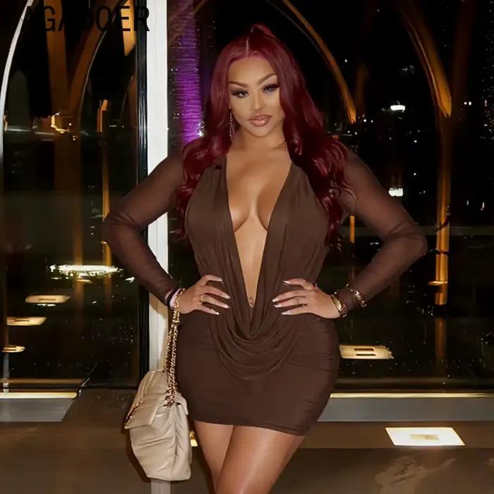 FAGADOER Sexy maille robes moulantes pour femme couleur unie col en v profond manches longues dos nu robe