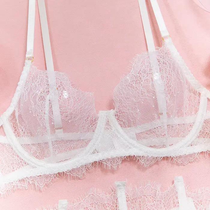 Ensemble de lingerie sexy 5 pièces en dentelle transparente avec soutien-gorge à armatures