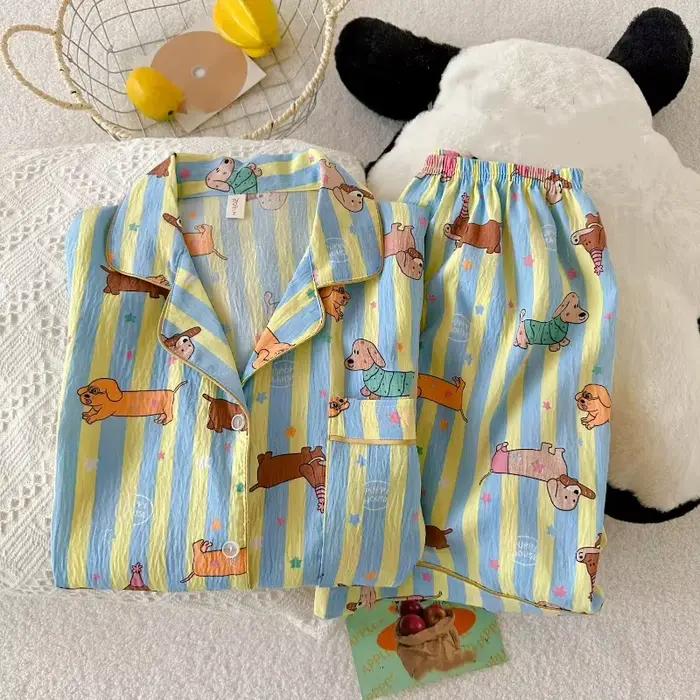 Pyjama Kawaii à rayures étoiles pour femmes imprimé chien col rabattu short polyester mode Y2K nouveau été doux mignon vêtements de maison occasions spéciales