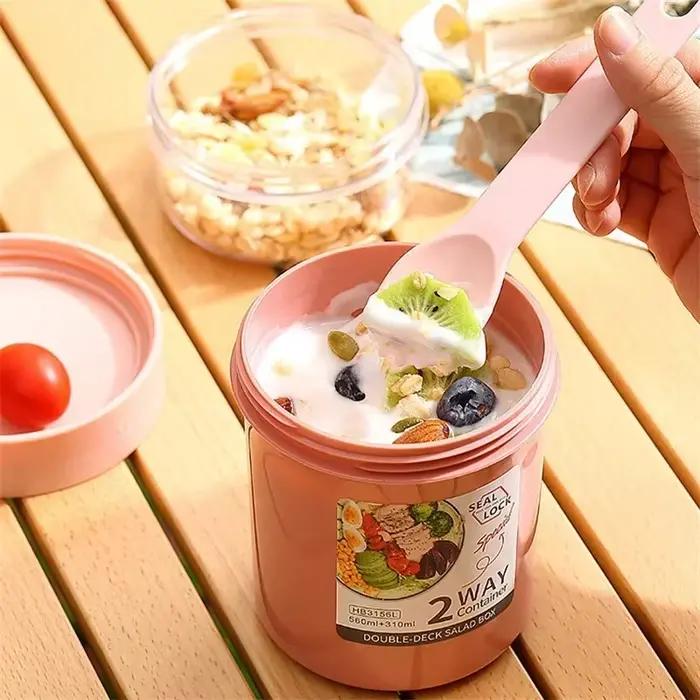 Boîte à déjeuner Bento pour salade, flocons d'avoine, petit déjeuner, Double tasse, céréales, noix, yaourt, ensemble de récipients avec support pour pansement, fourchette, préparation des repas