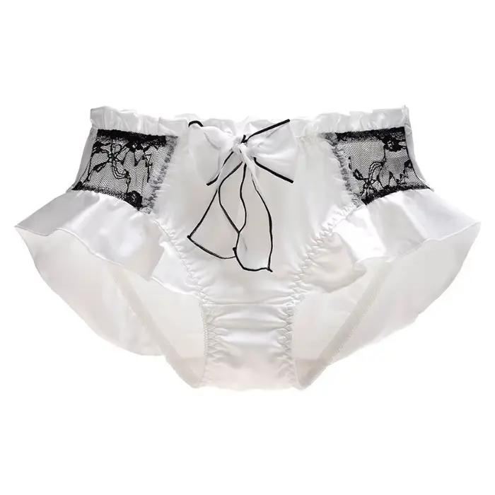 Femmes lait soie lisse mignon belle culotte douce dentelle Lolita à volants ruban nœud élasticité sous-vêtements respirant couleur bonbon
