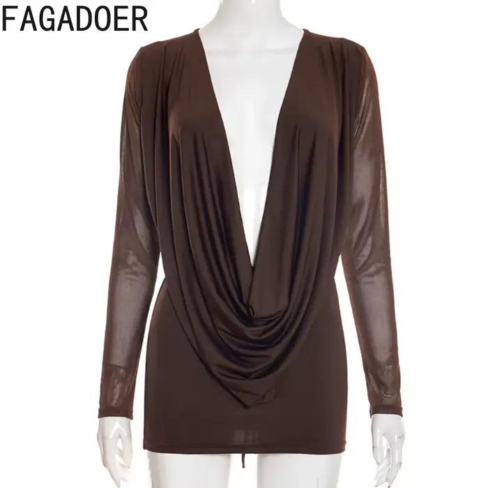FAGADOER Sexy maille robes moulantes pour femme couleur unie col en v profond manches longues dos nu robe