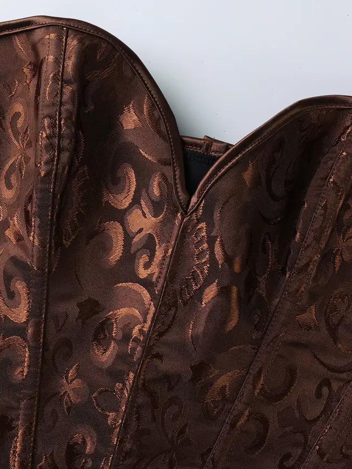 Corset bustier sans bretelles en jacquard baroque marron pour femme, avec baleines en acier et dos lacé, idéal pour les tenues vintage et gothiques