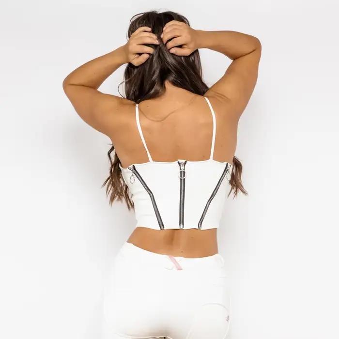 Haut court en cuir PU blanc glaçé sexy avec col en V profond et fermeture éclair pour soirées et fêtes