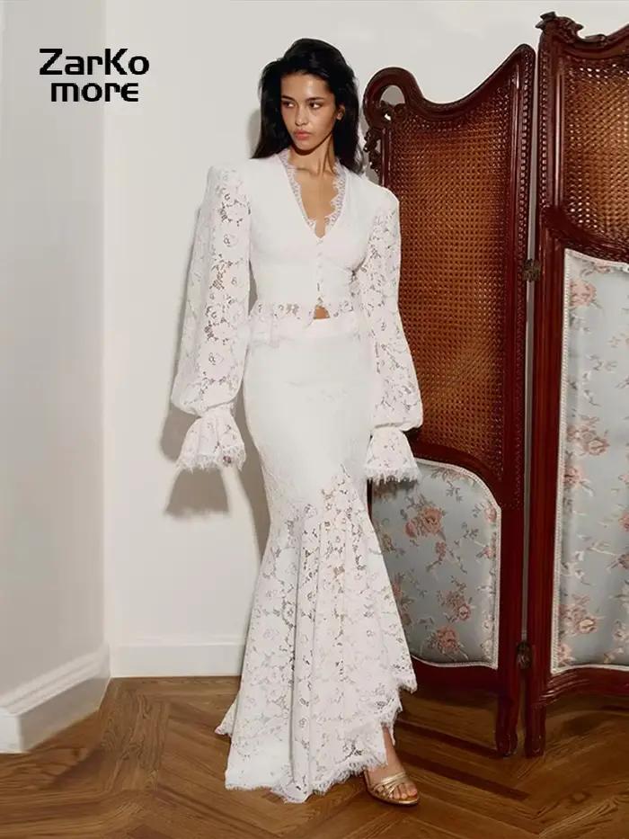 Ensemble 2 pièces jupe et chemise en dentelle pour femme, haut court à manches longues bouffantes et col en V, jupe longue sirène, tenue de soirée élégante, nouveauté 2026