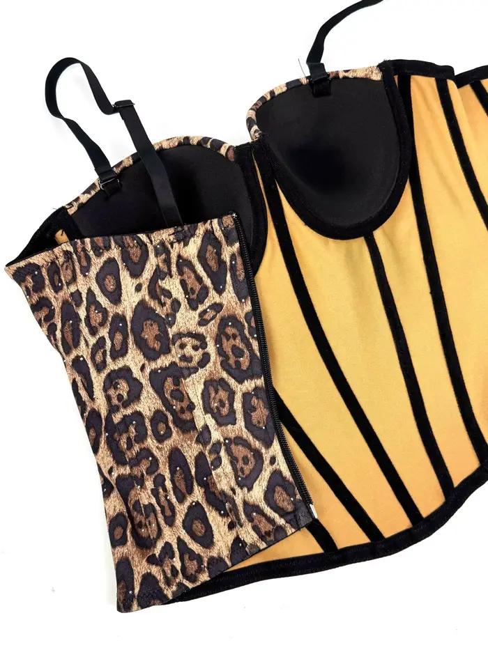 Corset en arête de poisson push-up imprimé léopard pour femme, Y avec soutien-gorge, haut de soirée en maille de dentelle, sangle spaghetti, sortie en boîte de nuit