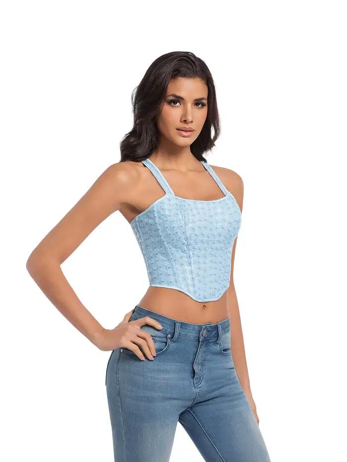 Corset moulant sexy bleu pâle à double bretelle brodé pour sculpter le corps et sublimer la silhouette