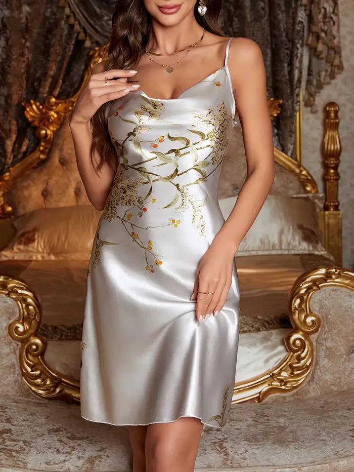 Style européen et américain imprimé imitation soie sexy robe de maison mode licou slip chemise de nuit