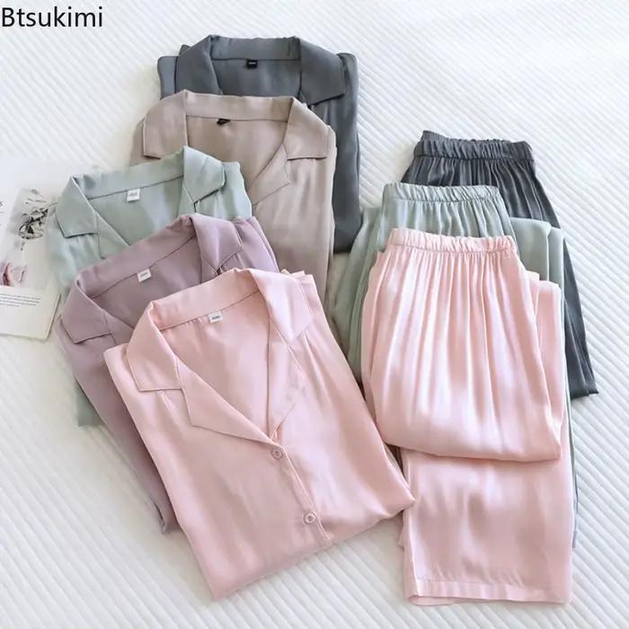 Ensembles de pyjamas amples et doux 2026 pour couples, hommes et femmes, en coton, soie et satin fin, vêtements d'intérieur printemps-automne, tenue de nuit 2 pièces