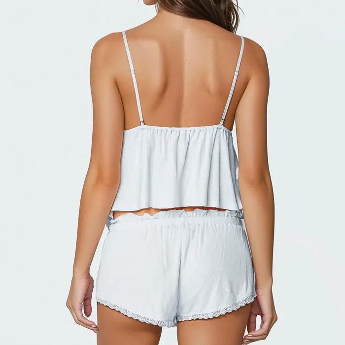 Gaono Ensemble pyjama d'été pour femme élégant avec bordure en dentelle brodée et short