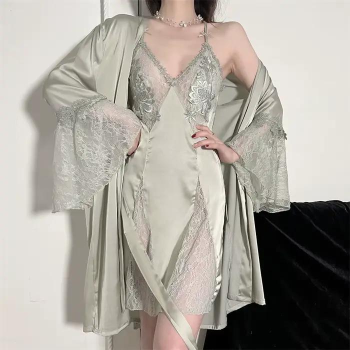 Robe de nuit brodée sexy en polyester satiné et rayonne pour femmes, ensemble de vêtements de nuit, patchwork de dentelle, décontracté pour la maison, été et hiver