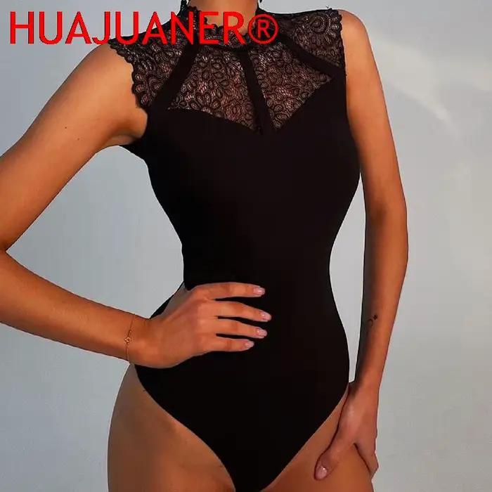 Femmes Sexy noir dentelle body barboteuses sans manches Slinky nouvelle mode moulante Wrap