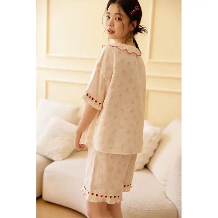 Adorable ensemble de pyjama orné de cœurs rouges | Gaze 100% coton pour femmes