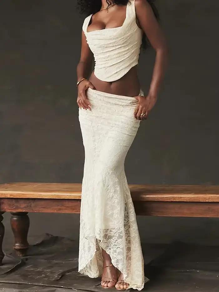 Ensemble 2 pièces jupe longue en dentelle pour femme, patchwork, dos nu, taille haute, maxi à lacets élégant, tenues féminines, mode