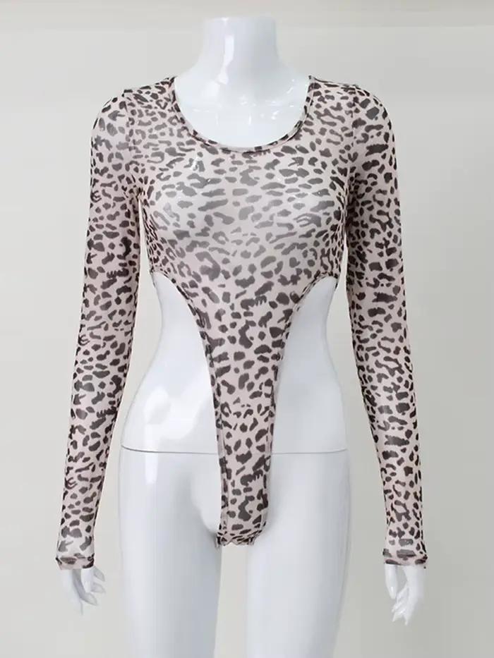 Léopard Sexy taille haute femmes Body maille Transparent sauvage extensible string corps T-Shirt rue soirée vêtements chaud