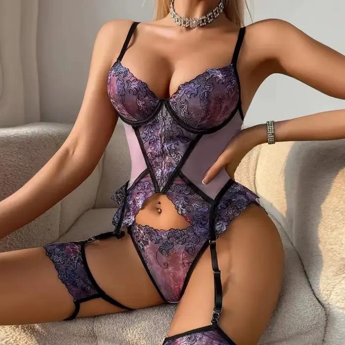 Ensembles de lingerie sexy avec broderie florale violette pour femmes