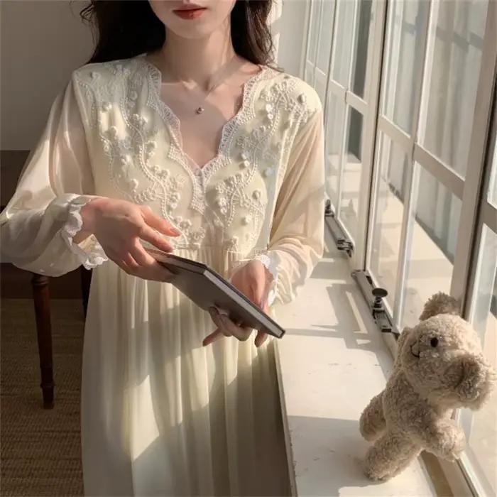 Princesse douce chemises de nuit femmes ample col en V à manches longues chemise