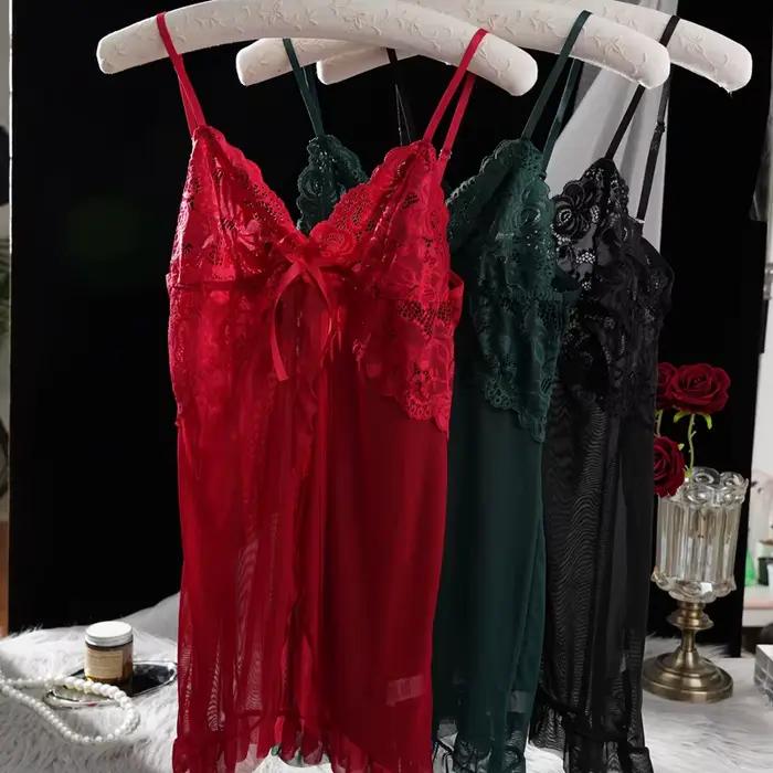 Ensemble de Nuisette en Tulle pour Femme M-3XL, Robe de Nuit Exquise à Bretelles en Dentelle, Col en V, avec Culotte, Lingerie